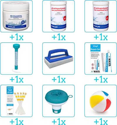 Zwembad Onderhoudspakket - Onderhoud Zwembad - bevat Chloor - PH-min - PH-plus - Thermometer - Scrubborstel - Reparatiesetje - Testrips - Chloordrijver en Strandbal (9-delig)