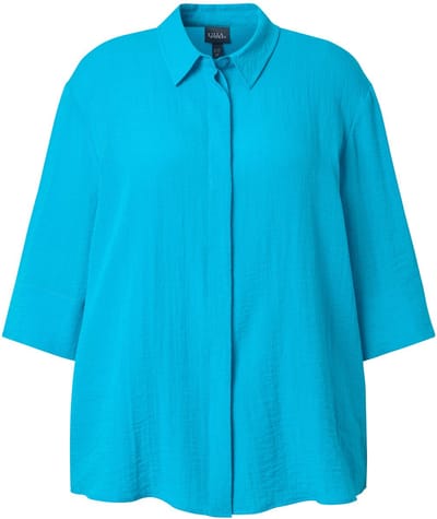 Ulla Popken - Dames - Overhemdblouse achterplooi overhemdkraag 3/4-mouwen - Aqua turquoise - Maat 54+