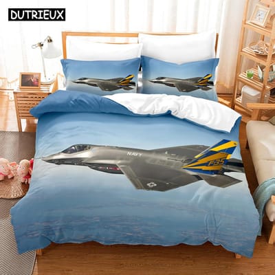 3D Straaljager Gevechtsvliegtuig F-35 Beddengoedsets Dekbedovertrekset Met Kussensloop Eenpersoons Tweepersoons Queen King Beddengoed AU Single(140x210cm)
