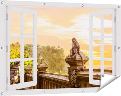 Gards Tuinposter Doorkijk Aap op de Uluwatu Tempel in Bali - 120x80 cm - Tuindoek - Tuindecoratie - Wanddecoratie buiten - Tuinschilderij