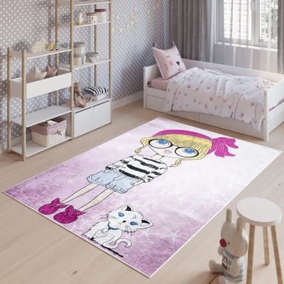 Tapiso Emma Vloerkleed Kindertapijt Kinderkamer Baby Kinderen Roze Tapijt Maat- 80x150