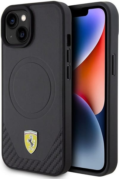 Ferrari PU Leather Carbon Bottom Back Case (MagSafe Compatible) - Geschikt voor Apple iPhone 15 (6.1") - Zwart