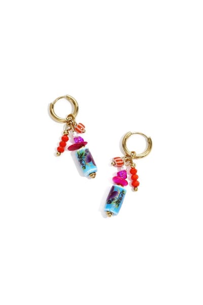 Oorringetjes met hangende kralen met bloemenprint - Blauw - Verkleurt niet - Cadeau - Goudlief