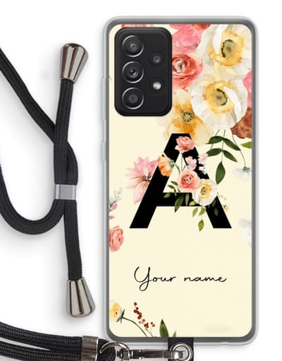 Gepersonaliseerd - Case Company® - Hoesje met koord geschikt voor Samsung Galaxy A52s 5G hoesje met Koord - Flirty Flowers Monogram - Telefoonhoesje met Zwart Koord - Bescherming aan alle Kanten en Over de Schermrand