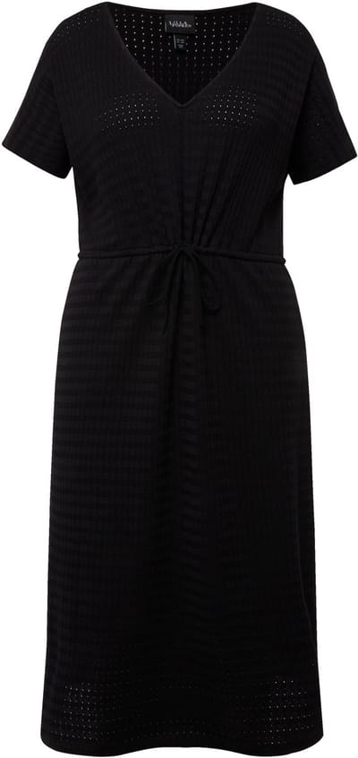 Ulla Popken - Dames - Jersey midi-jurk structuur jersey V-hals korte mouwen - Zwart - Maat 46+