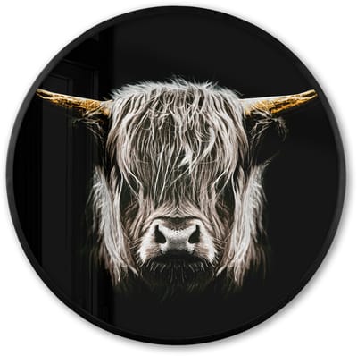 Poster in lijst Rond - Fotolijst 60x60 cm - Posters - Schotse hooglander - Goud - Hoorns - Zwart wit - Koe - Dieren - Ronde posterlijst zwart - Decoratie - Wanddecoratie woonkamer - Muurdecoratie slaapkamer