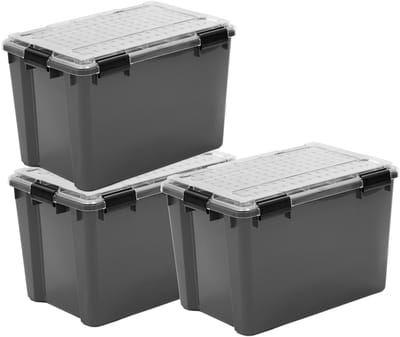 IRIS Outdoor Opbergbox met polycarbonaat deksel - 70L - Extra Groot – Voor Bulk & Grote Opslag – Waterdicht & Luchtdicht - Kunststof - Grijs/Transparant/Zwart - Set van 3