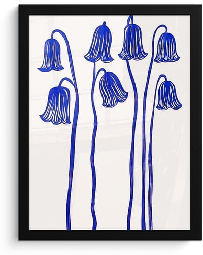 Poster in lijst - Fotolijst 30x40 cm - Posters - Bloemen - Blauw - Lijnen - Bloemblaadjes - Posterlijst zwart - Decoratie - Wanddecoratie woonkamer - Muurdecoratie slaapkamer
