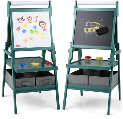COSTWAY 3-in-1 schoolbord voor kinderen, dubbelzijdig kinderbord met papierrol, magnetisch krijtbord en whiteboard, incl. 3 gekleurde bekers en 2 dozen, schildersezel voor kinderen vanaf 3 jaar