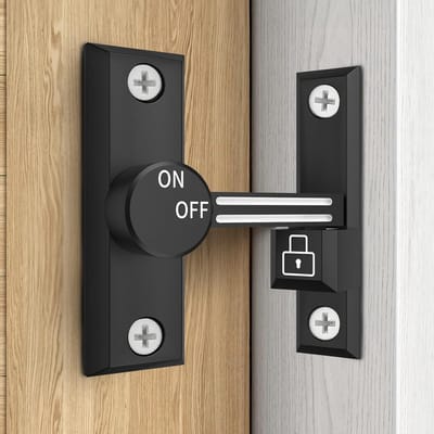 Schuifdeurslot (90/180 graden), klein klapdeurslot, veiligheidsslot voor schuifdeuren, geschikt voor schuren, poorten, kasten, badkamers en tuinen (zwart, 1 stuk) Lichtgevende positioneringsdeursluiting