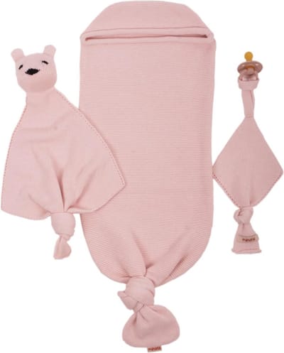 Minora Inbakerslaapzak Set 0/8 maand- Cocoon Teddy en Fopspeenhouder- 3 Delig babykleding jongens en meisjes-Winterslaapzak- Inbakerdoeken-Swaddle- Kraamcadeau - Newborn- Pink- Sinterklaas