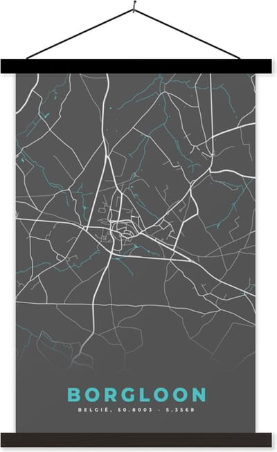 Posterhanger incl. Poster 40x60 cm - Schoolplaat - België – Borgloon – Stadskaart – Kaart – Blauw – Plattegrond - Textielposter - Zwarte latten - Stadskaart