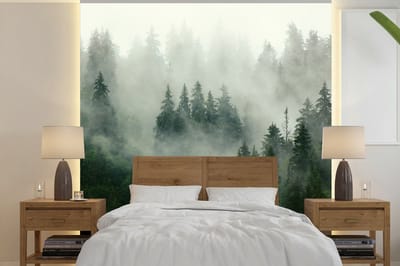 Behang - Fotobehang Bos - Mist - Bomen - Natuur - Breedte 260 cm x hoogte 260 cm