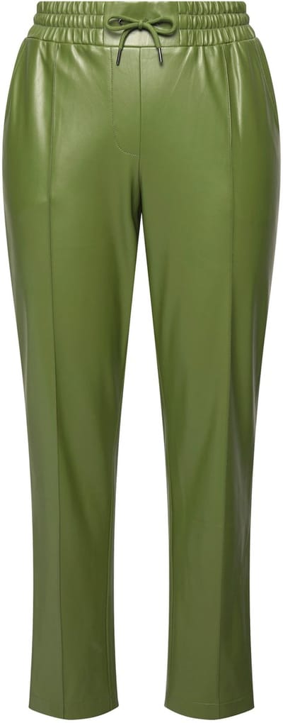 Ulla Popken - Dames - 7/8-broek leerlook plooien elastische tailleband - Olijf - Maat 50