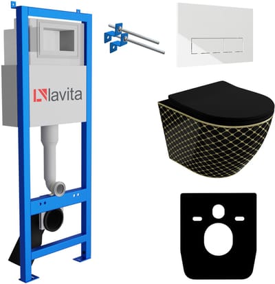 LAVITA® Inbouwreservoir Complete Toiletset LAV 101 - Inbouw WC Hangtoilet Wandcloset SOFI BLACK NIGHT BLACK Zwart Mat - Bedieningsplaat 200.3.1 Wit - Voorwandelement voor toilet 40cm - Installatiesysteem