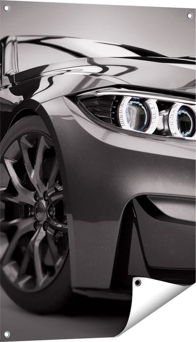 Gards Tuinposter Grijze Sportwagen Auto - Zwart Wit - 60x90 cm - Tuindoek - Tuindecoratie - Wanddecoratie buiten - Tuinschilderij