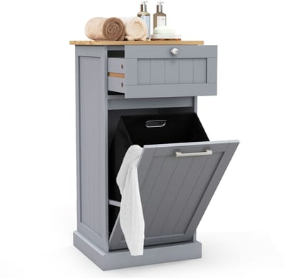 COSTWAY Waskast met wasmand, wasverzamelaar met lade, tafelblad van bamboe, badkamerkast, badkamerkast voor badkamer, bijkeuken, 40 x 37 x 82 cm (grijs)