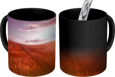 Magische Mok - Foto op Warmte Mokken - Koffiemok - Grasveld - Zon - Avond - Landschap - Magic Mok - Beker - 350 ML - Theemok