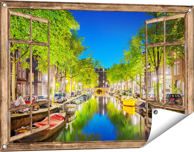 Gards Tuinposter Doorkijk Amsterdamse Gracht in de Nacht - 90x60 cm - Tuindoek - Tuindecoratie - Wanddecoratie buiten - Tuinschilderij