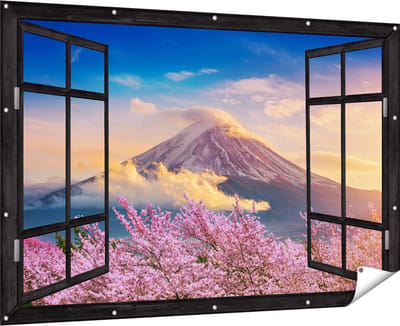 Gards Tuinposter Doorkijk Fuji Berg met Roze Bloesembomen - Bloemen - 180x120 cm - Tuindoek - Tuindecoratie - Wanddecoratie buiten - Tuinschilderij