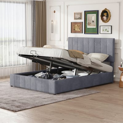 MODFU Bedframe 140x200 cm – grijs fluweel – met hydraulische opbergruimte en verstelbaar hoofdbord