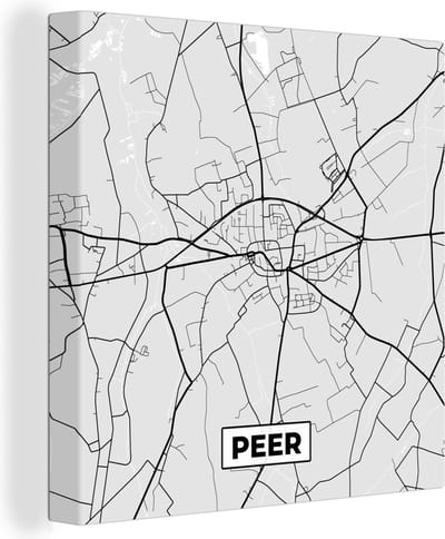Canvas Schilderij Stadskaart – Zwart Wit - Kaart – Peer – België – Plattegrond - 20x20 cm - Wanddecoratie