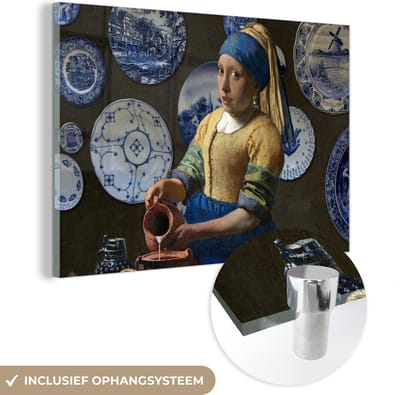MuchoWow® Glasschilderij 120x80 cm - Schilderij acrylglas - Melkmeisje - Meisje met de parel - Vermeer - Foto op glas - Schilderijen