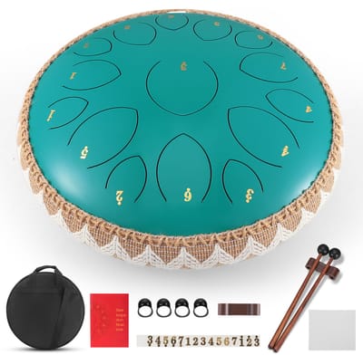 MakkelijkMooi Stalen Tong Trommel - Handpan - 15 Zorgvuldig Afgestemde Tonen - Notestickers & Muziekboek - Duurzaam Koolstofstaal