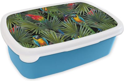 Broodtrommel Blauw - Lunchbox - Brooddoos - Papegaai - Jungle - Patronen - 18x12x6 cm - Kinderen - Jongen