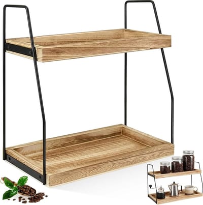 Multifunctionele Keuken Organizer met 2 Niveaus, Houten en Metalen Keukenrek, Koffiebar Accessoires en Specerijenrek voor Thuisgebruik