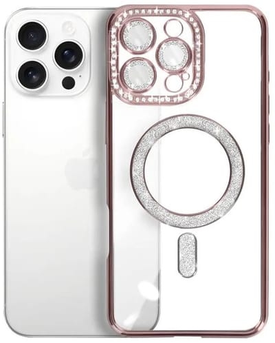Hoesje met Diamantjes en Glitter Geschikt voor: iPhone 16 Pro Max - MagSafe Glitter Hoesje - Rosegoud met Diamanten steentjes - Glamour Hoesje