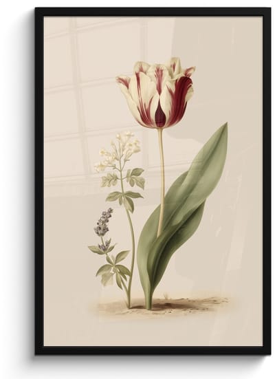 Poster in lijst - Fotolijst 60x90 cm - Posters - Tulp - Minimalistisch - Beige - Posterlijst zwart - Decoratie - Wanddecoratie woonkamer - Muurdecoratie slaapkamer