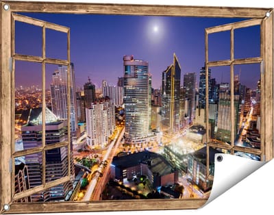 Gards Tuinposter Doorkijk Makati Stad Skyline in de Nacht in Thailand - 90x60 cm - Tuindoek - Tuindecoratie - Wanddecoratie buiten - Tuinschilderij