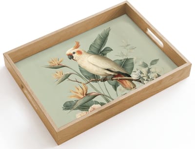 Dienblad hout 40x30 cm - Schootdienblad - Gele kuifkaketoe - paradijsvogelbloemen - Groen - Borrelplank rechthoek - Plateau dienbladen