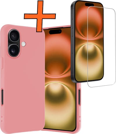 Hoes - Met Screenprotector - Geschikt voor Apple iPhone 16 - Sterk & Shockproof - Back Cover - Siliconen Case - Telefoon Hoes - Lichtroze
