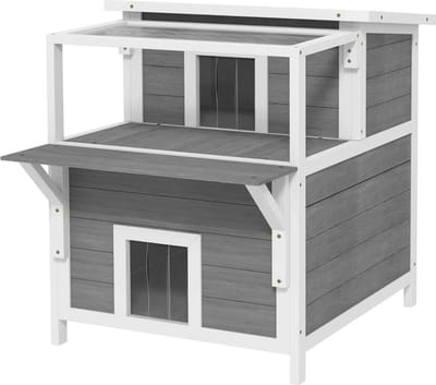 Kattenhuis - Voor buiten - Hok - Kooi - Bench - Ren - 2 verdiepingen - Duurzaam - 64L x 87B x 76H cm - Lichtgrijs + Wit