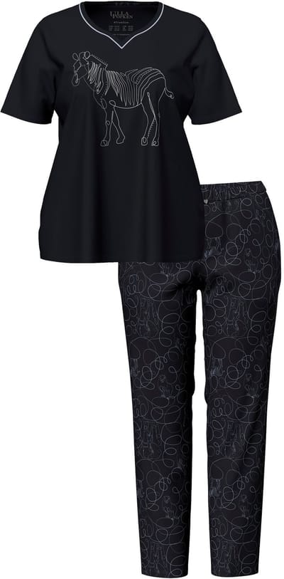 Ulla Popken - Dames - Pyjama zebra hartvormige hals korte mouw - Zwart - Maat 42+