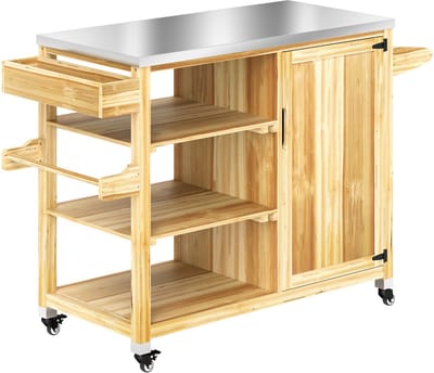 Buitenkeuken op Wielen – BBQ Trolley – Met Opbergkast & Planken – Werktafel voor Buiten – Staal & Metaal – Multifunctioneel – Natuurlijk hout