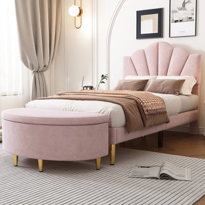 MEUNIQ eenpersoons velvet bed 90x200 cm met verstelbaar schelpvormig hoofdbord, houten lattenbodem, opbergbank en gouden metalen poten, roze