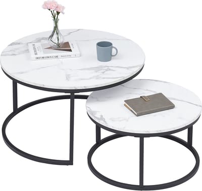 Luxe Salontafel - Wit - Marmerlook - Set van 2 - Rond - Zwart frame