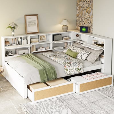 Wishdor – Slaapbank 140x200 cm – Opbergruimte, laadpunten & 2 lades – Hout – Wit – Een ruimtewonder voor jouw logeerkamer of studio