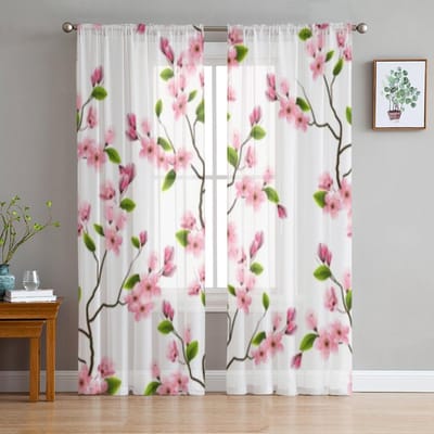 Kersenbloesem Tak Chiffon Transparante Gordijnen Voor Woonkamer Slaapkamer Decoratie Raam Tule Gordijnen Draperieën 135W x 114H(cm) white