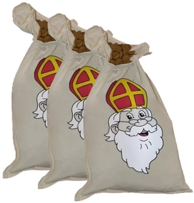 Sinterklaas thema strooizak voor snoep - 3x - katoen - 35 x 60 cm - Sint en Piet strooigoed zakken