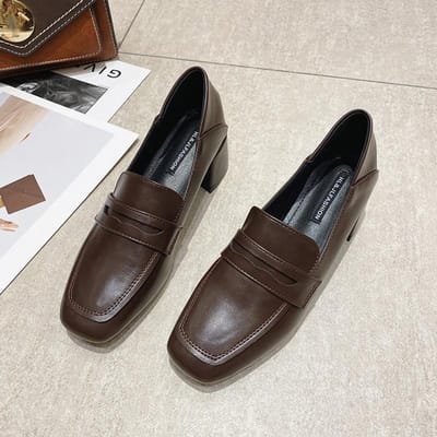Zwart Dunne Dikke -Hak Britse Stijl Kleine Leren Schoenen Medium -Hak Enkele Schoenen Lente En Herfst Zacht Leer Hoge -Hak Schoenen 36 bruin