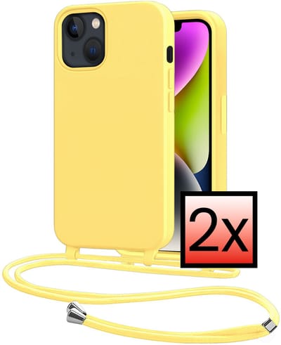 Hoes Geschikt voor iPhone 13 Mini Met Telefoonkoord - Siliconen Hoesje Backcover Met Ketting - Geel - 2 PACK
