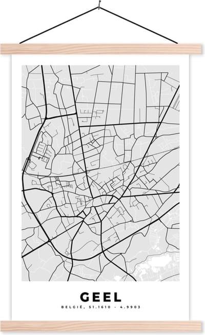 Posterhanger incl. Poster 40x60 cm - Schoolplaat - België – Geel – Stadskaart – Kaart – Zwart Wit – Plattegrond - Textielposter - Blanke latten - Stadskaart
