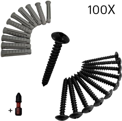 Houtschroeven Zwart – M6 x 50 mm – 100 stuks – Inclusief 100 Pluggen 8x40 mm en Bitje – Zelftappende Schroeven
