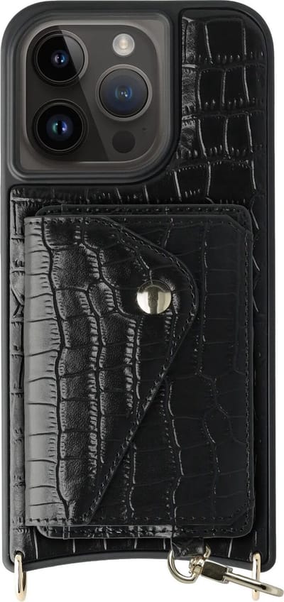 AVY Leren Hoesje Geschikt voor Apple iPhone 14 Pro | Met Magnetische Kaarthouder | Compatibel met MagSafe | Leather Case met Wallet | Croco Zwart