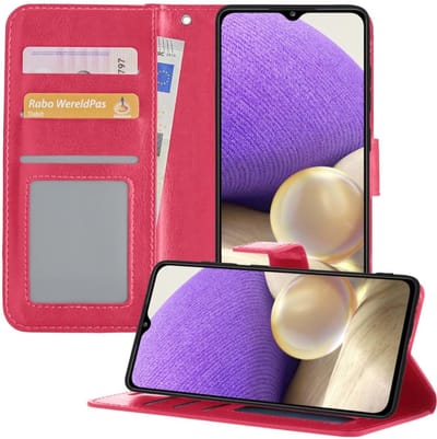 Hoesje - Met Pasjeshouder - Geschikt voor Samsung Galaxy A32 5G - Luxe Bookcase Portemonee - Flip Case - Kunstleer Book Case - Flipcase - Book Cover - Walletcase - Portemonneehoes - Telefoonhoesjes - Donkerroze