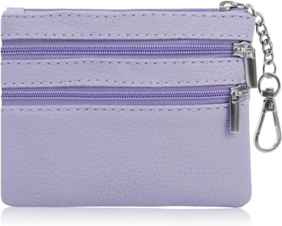 Vrouwen Mini Faux Leather Portemonnee met Sleutelhanger en 2-Laags Ritsvak, Paars, Ideaal voor Sleutels en Make-up